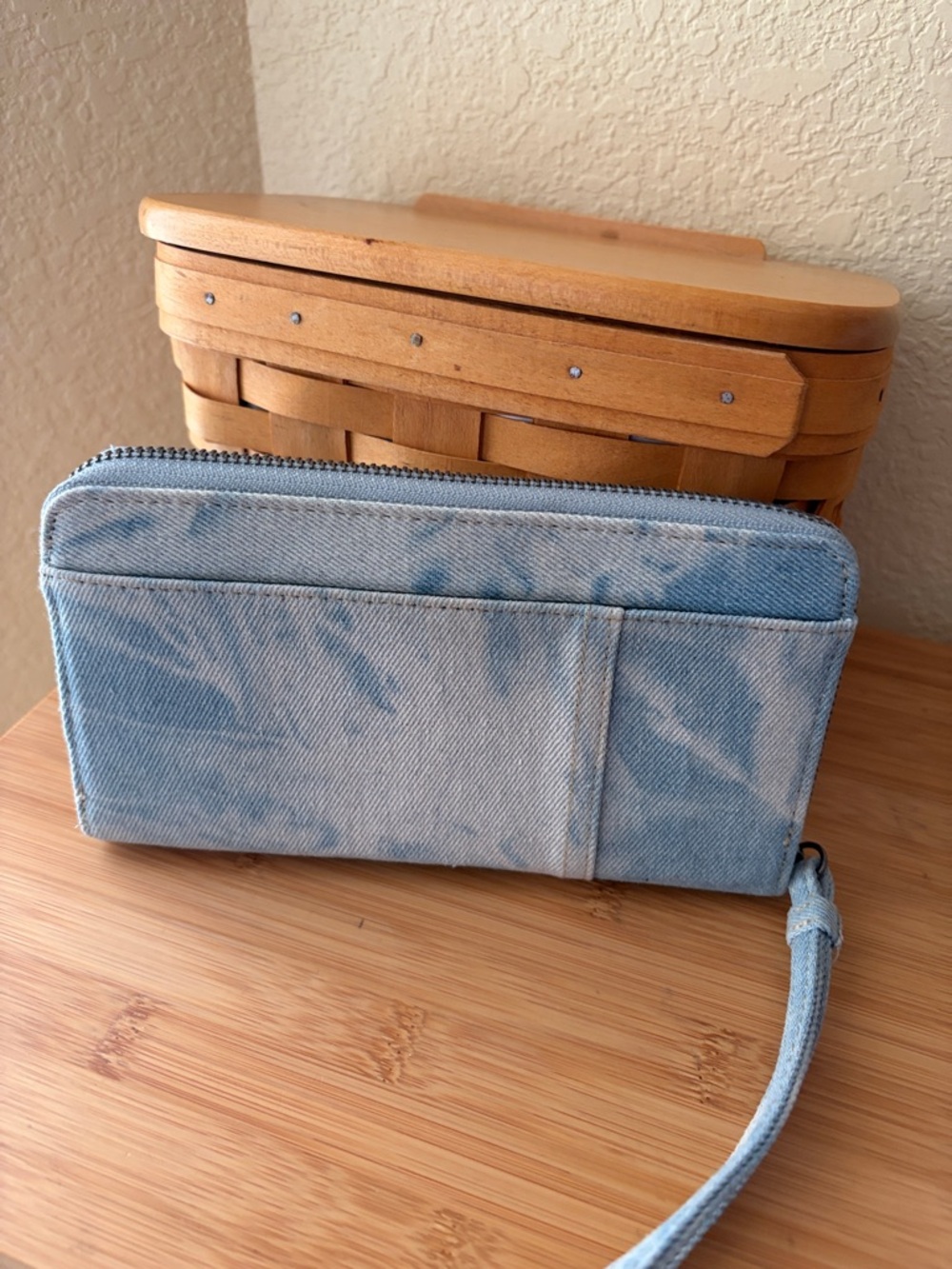 Denim Wristlet Wallet with Bleached Detail - Picture 2 of 7